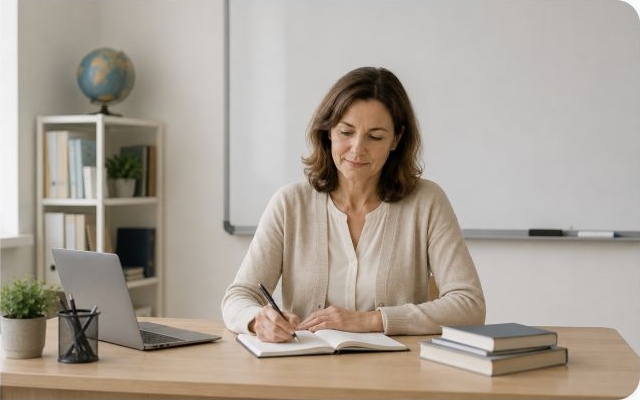 Profesoară pregătind materiale didactice