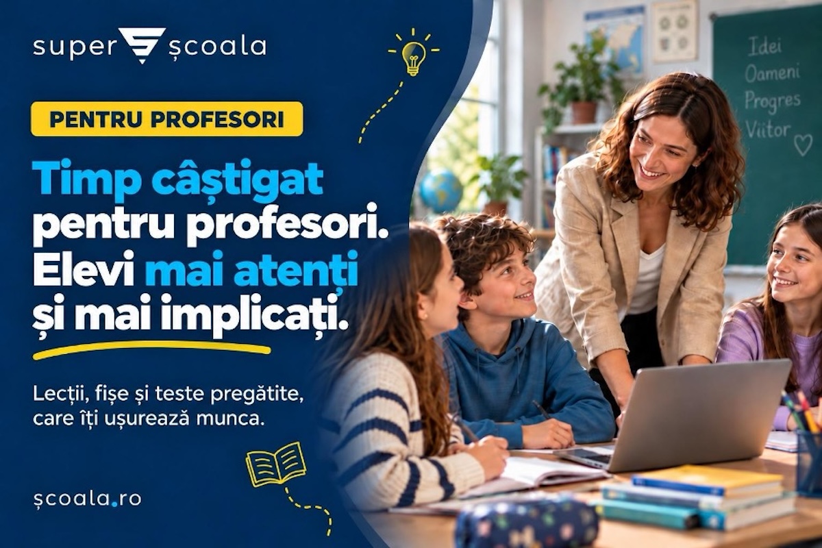 Profesorii, indiferent de disciplină, găsesc instrumente pentru fiecare moment al orei, în cele peste 12.000 de lecții, fișe, jocuri și teste gata de folosit în clasă, pe laptop sau pe tablă, din platforma SuperȘcoala / Totul la un click distanță, cu posibilitatea de accesare prin Prima de carieră didactică (P)