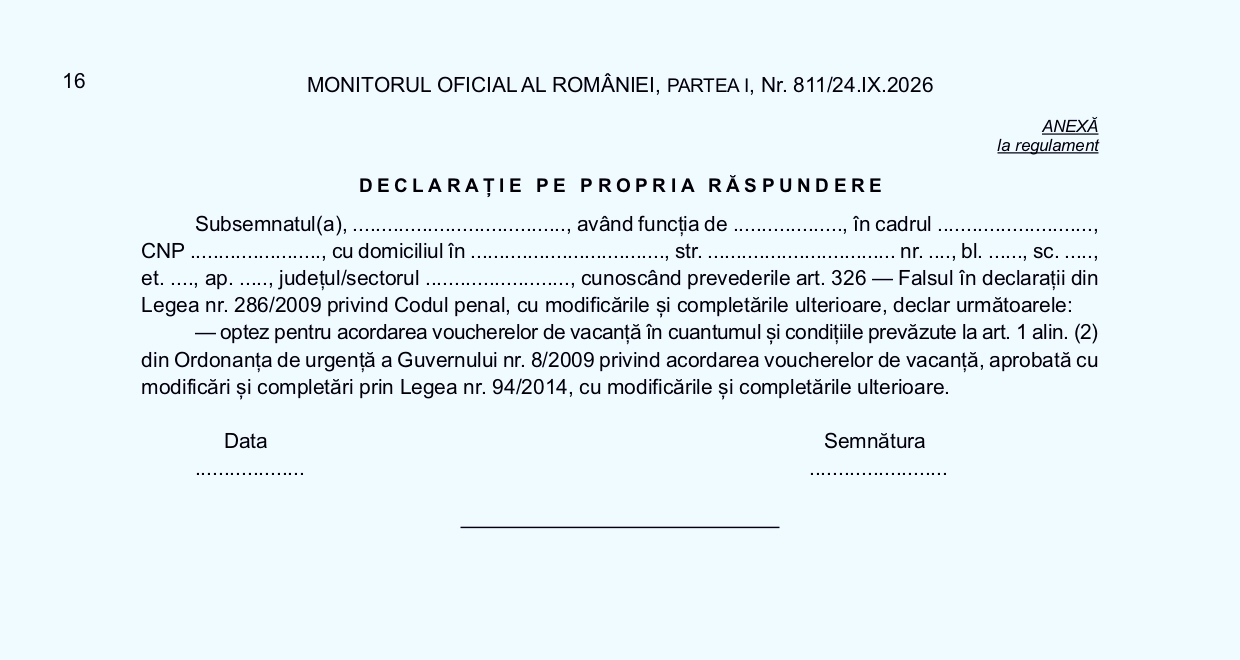 OFICIAL Vouchere de vacanță 2026: Profesorii pot depune cererile până pe 24 octombrie, însă inspectoratele și universitățile trebuie să solicite banii până pe 15 octombrie – Model declarație