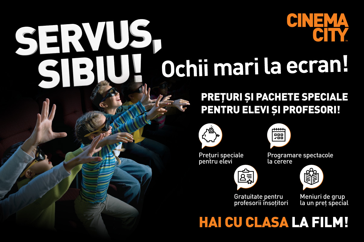 Acces gratuit pentru profesorii care merg cu clasa sau cu grupuri de elevi, în septembrie și octombrie. Pachete speciale pentru vizitele școlare la Cinema City, acum și la Sibiu (P)